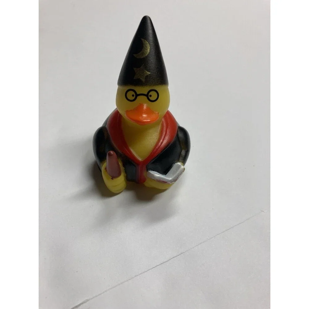 Wizard Duck Figurine Plastic Fantasy w/ Glasses Wand Book Black Hat Moon Stars